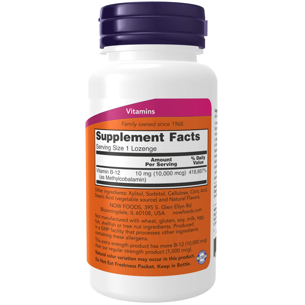 NOW Foods Methyl B-12 lozenge closeup highlights methylcobalamin content.