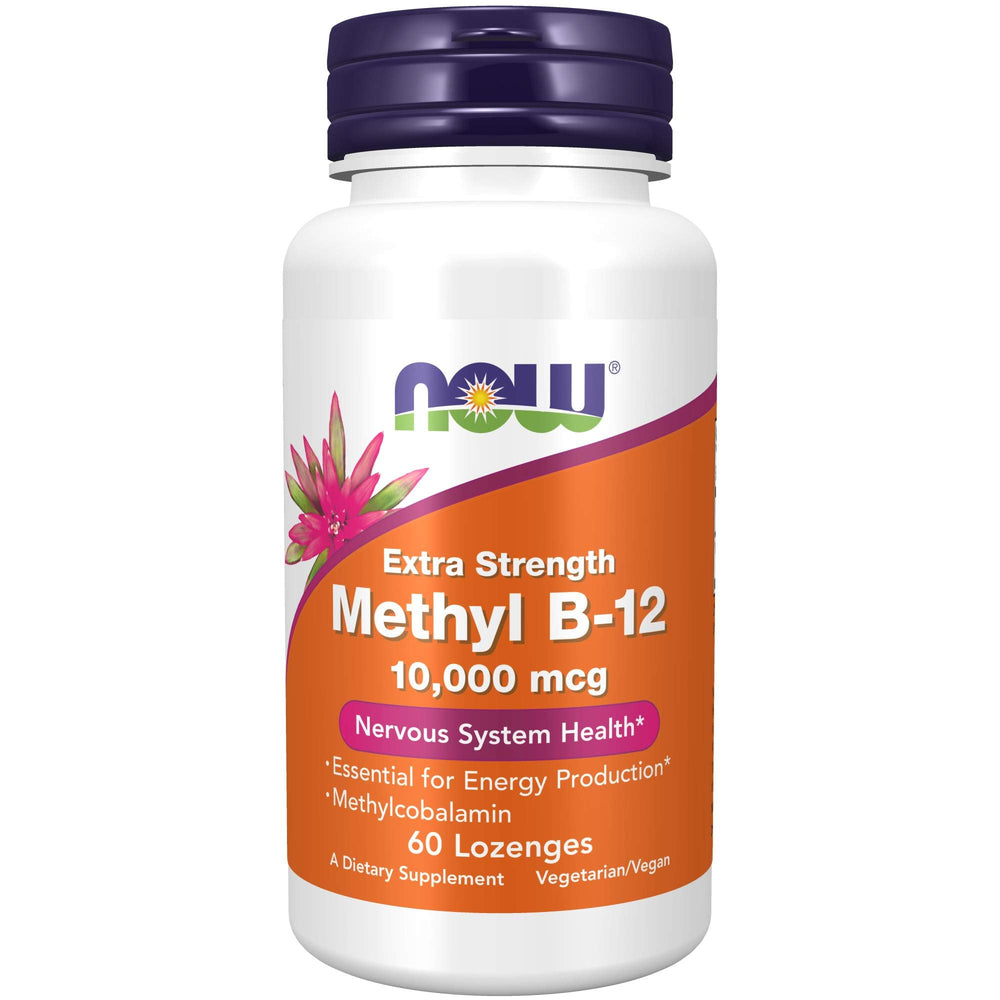 NOW Foods Methyl B-12 lozenge packaging shows vegan formula for nervous system support.
