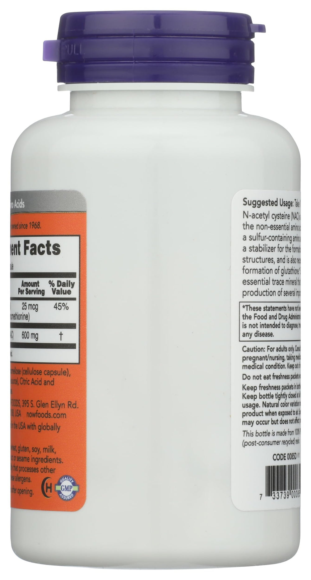 Close-up of NAC 600 mg capsules bottle label