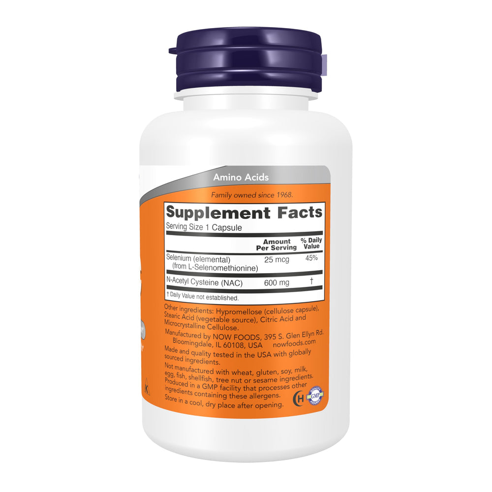 NOW Foods NAC 600 mg with Selenium capsules inside
