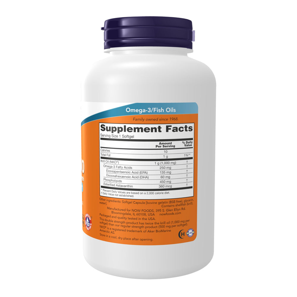 NOW Foods Neptune Krill Oil Double Strength 1000 mg softgels packaging back with supplement facts