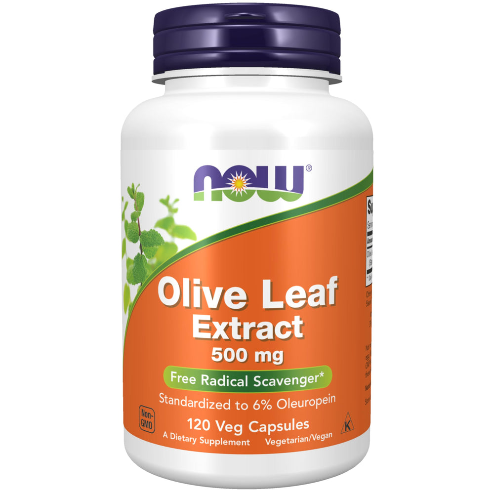 NOW Foods Olive Leaf Extract 500 mg bottle with 120 vegan capsules