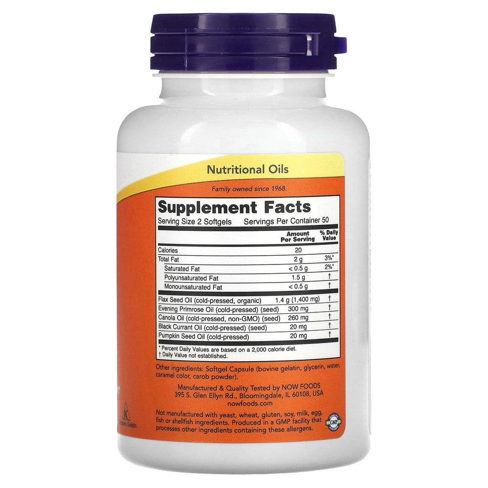 NOW Foods Omega 3-6-9 1000 mg Softgel bottle back label with nutritional facts