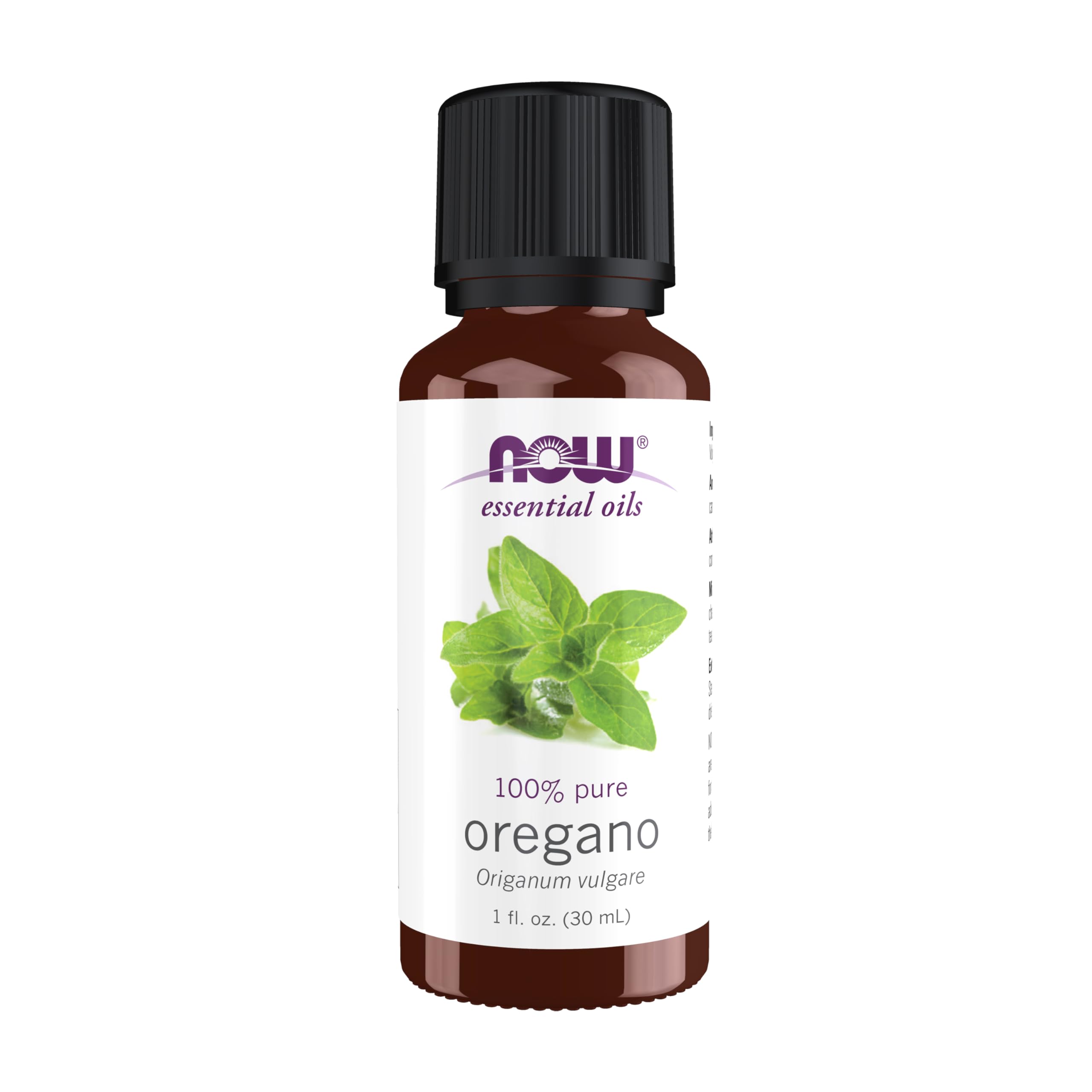 NOW Foods oregano oil bottle highlights pure essential oil for aromatherapy use.