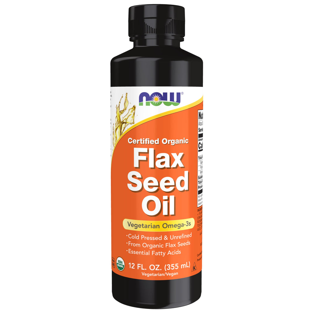 Front view of NOW Foods Organic Flax Seed Oil 12 oz bottle