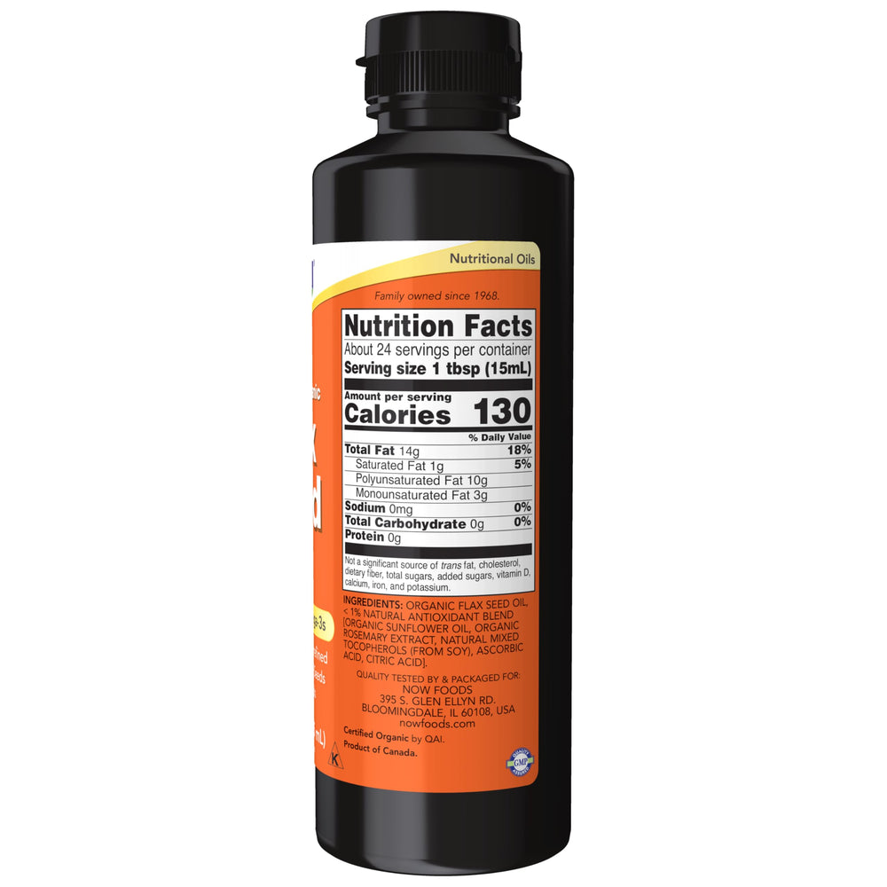 NOW Foods Organic Flax Seed Oil label showing Organic and Non-GMO marks