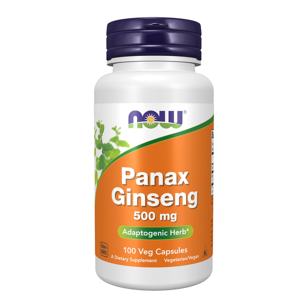 NOW Foods Panax Ginseng 500 mg vegan capsules bottle on white background