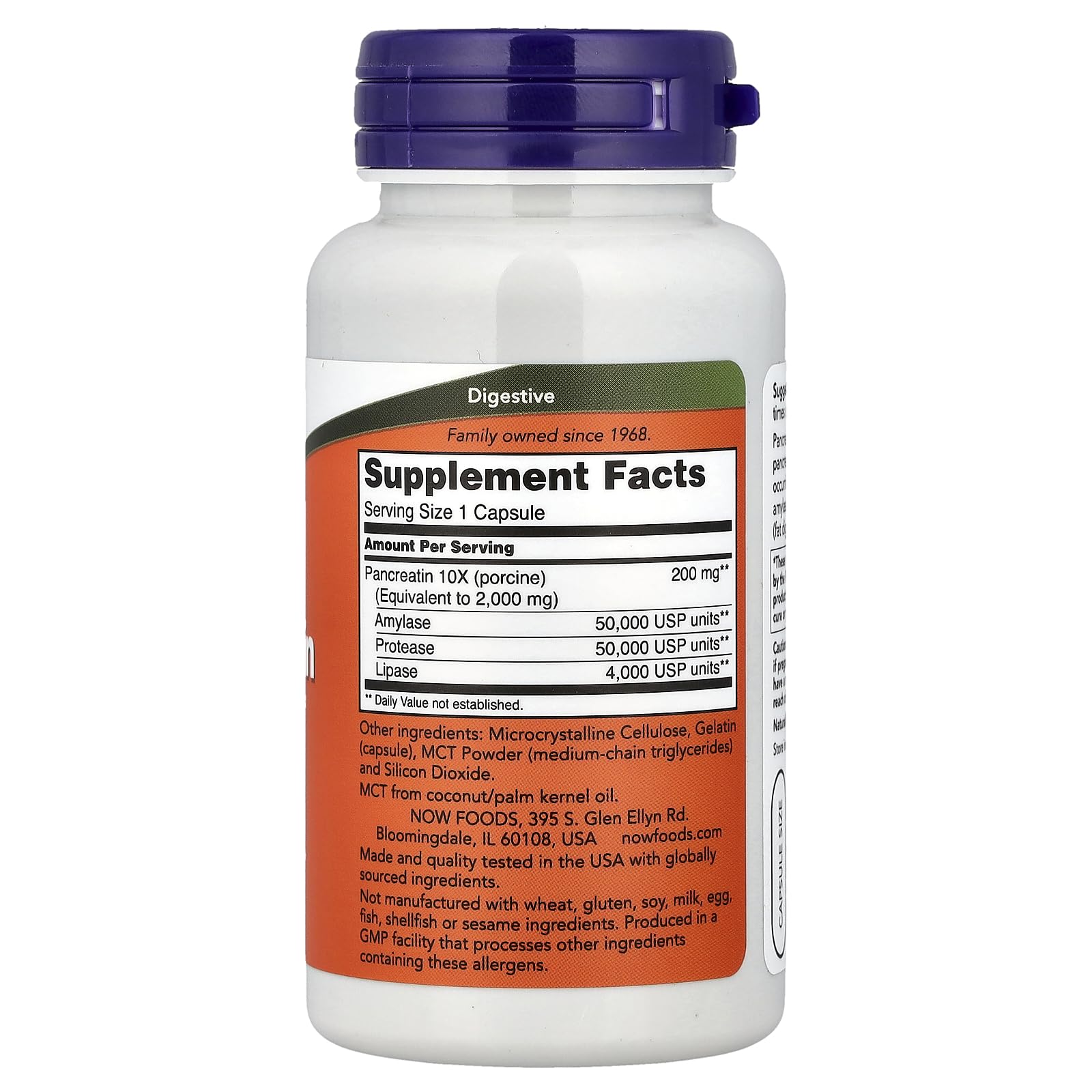 NOW Foods Pancreatin 2000mg capsules label shows easy meal planning and dosage reference
