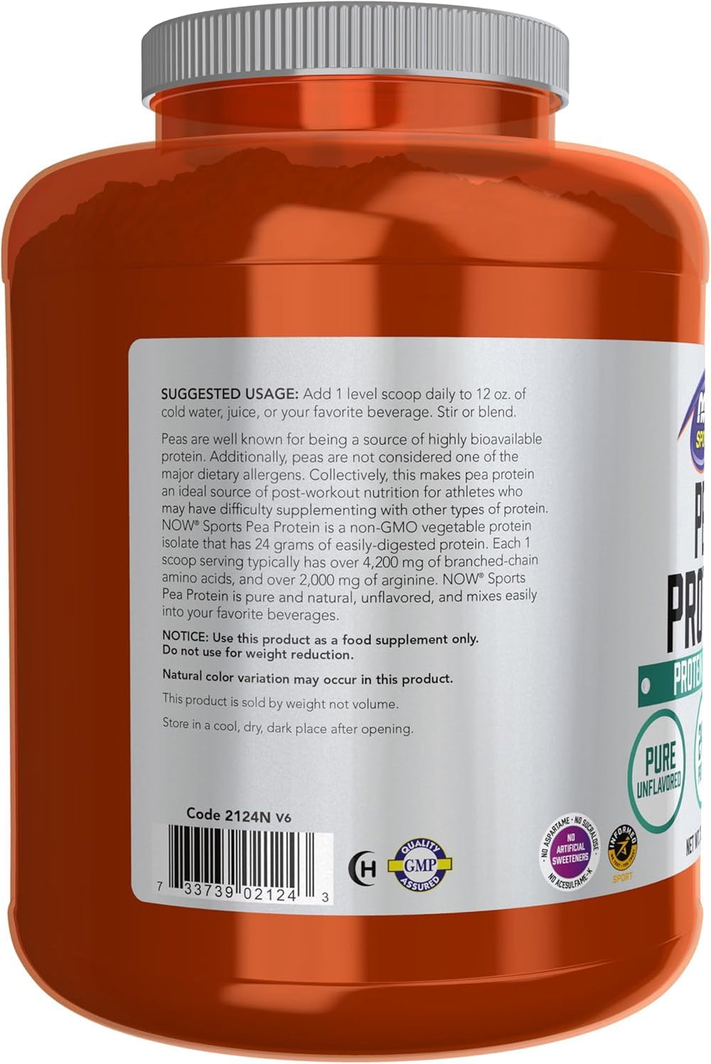 NOW Foods pea protein label close-up shows non-GMO plant-based nutrition