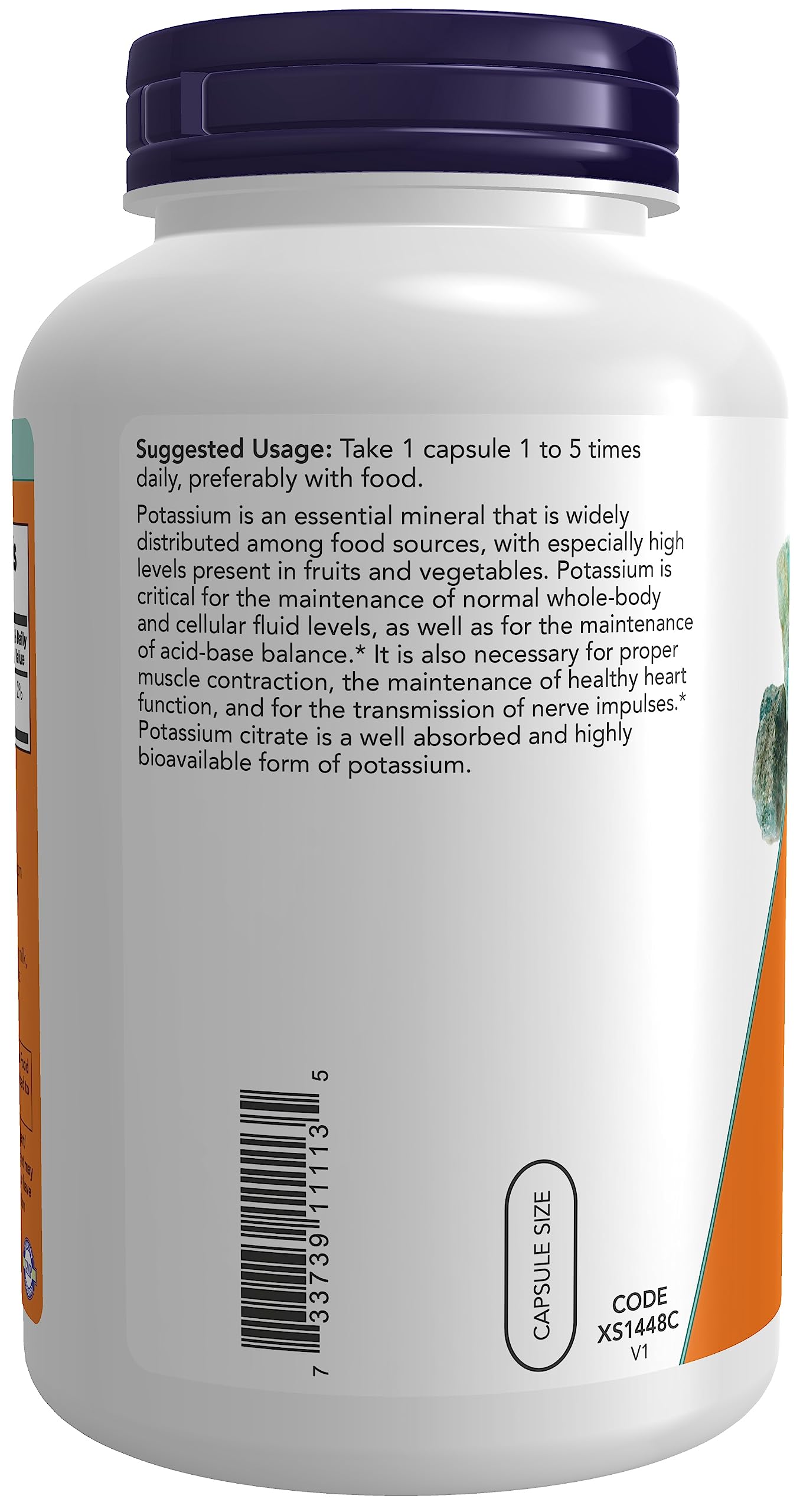 Ingredients panel of NOW Foods Potassium Citrate 99 mg