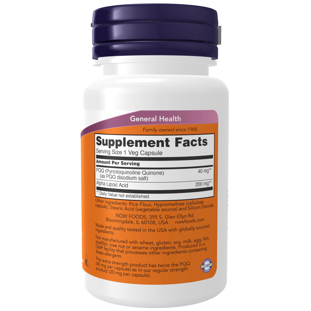 Supplement facts panel showing 40 mg PQQ and 200 mg Alpha Lipoic Acid per capsule