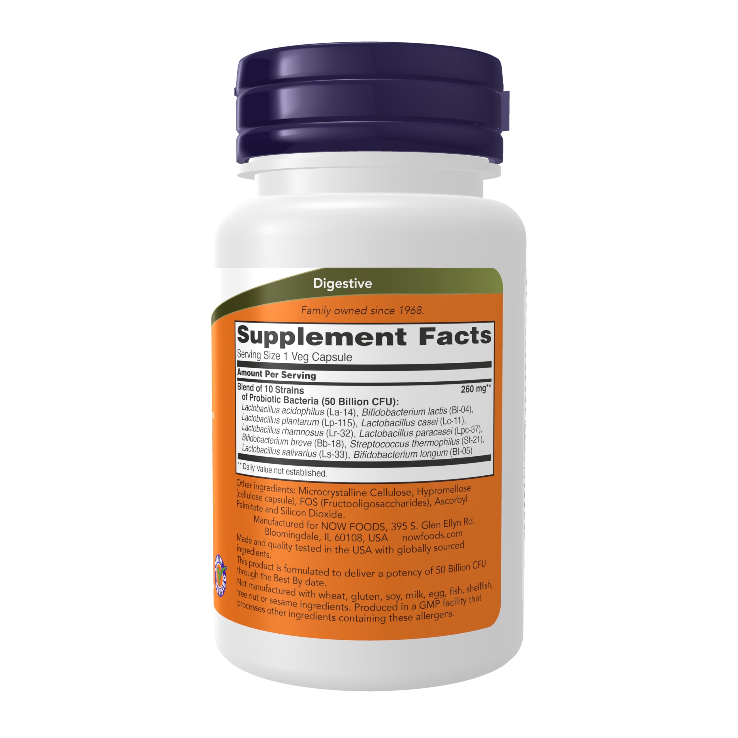 NOW Foods Probiotic-10 bottle back label with 50 Billion CFU and ingredients