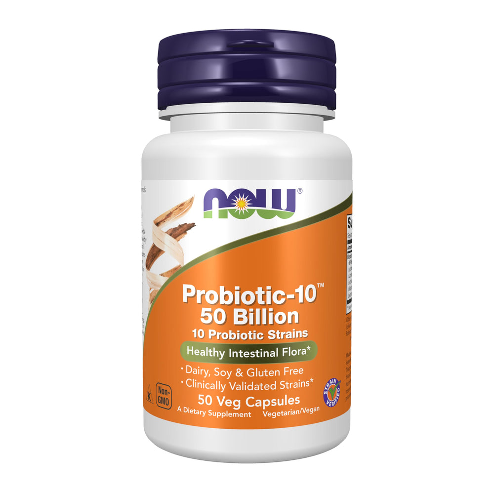 NOW Foods Probiotic-10 bottle front label showing 50 Billion CFU