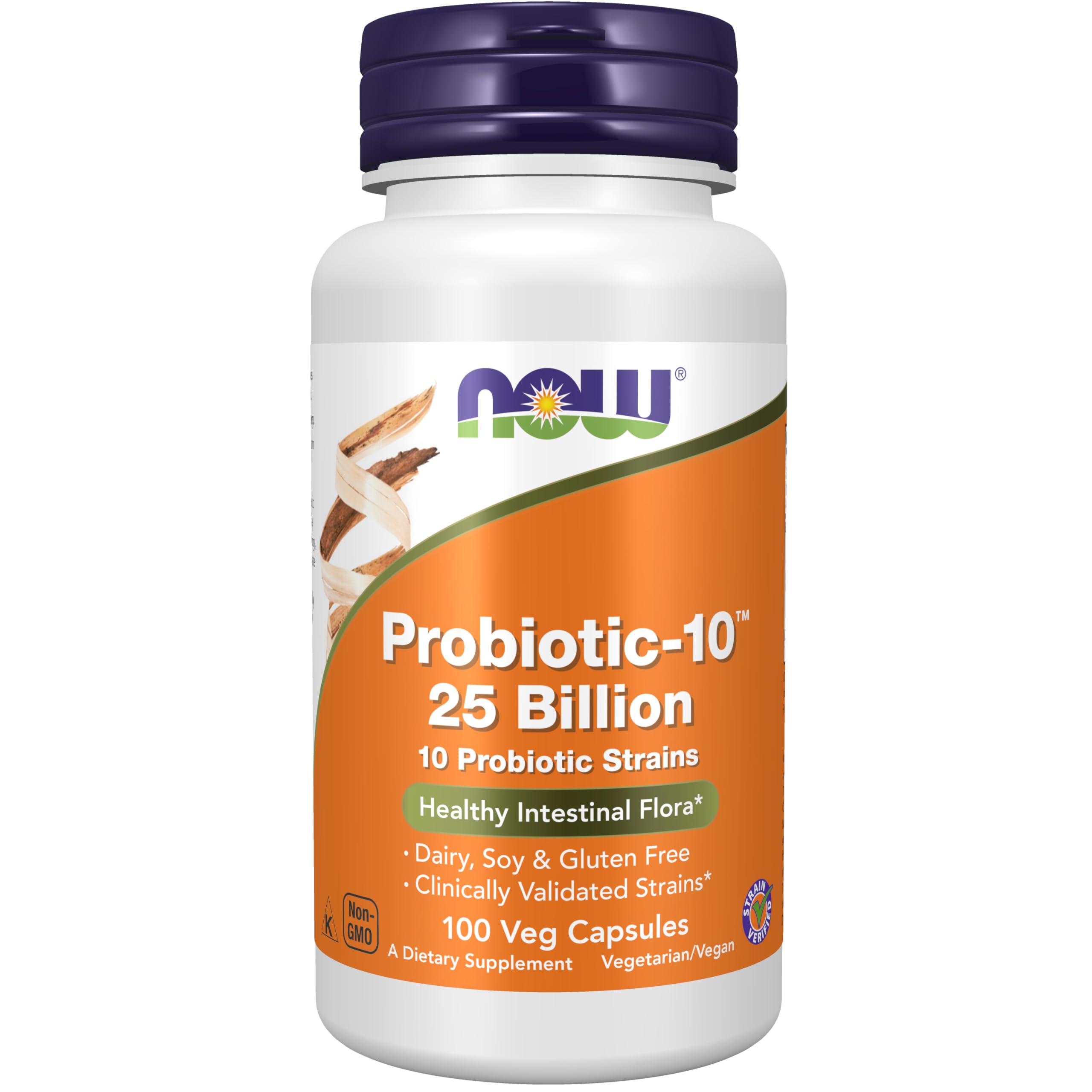 NOW Foods Probiotic-10 bottle front showing 25B CFU potential for daily digestive balance