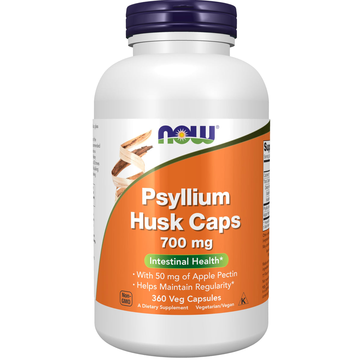 NOW Foods Psyllium Husk Caps bottle showing 700 mg psyllium with 50 mg apple pectin