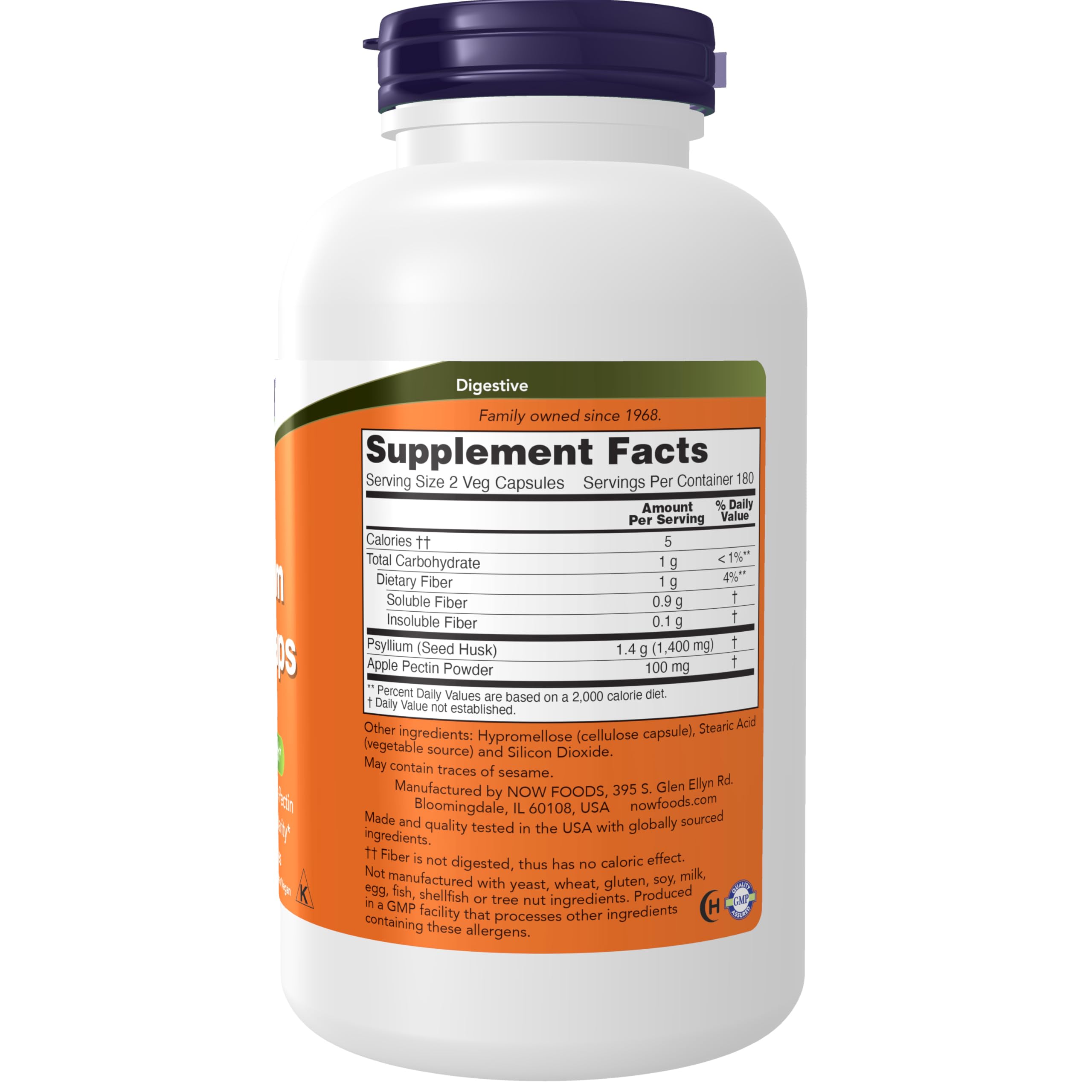 Capsules of NOW Foods Psyllium Husk with Apple Pectin next to bottle