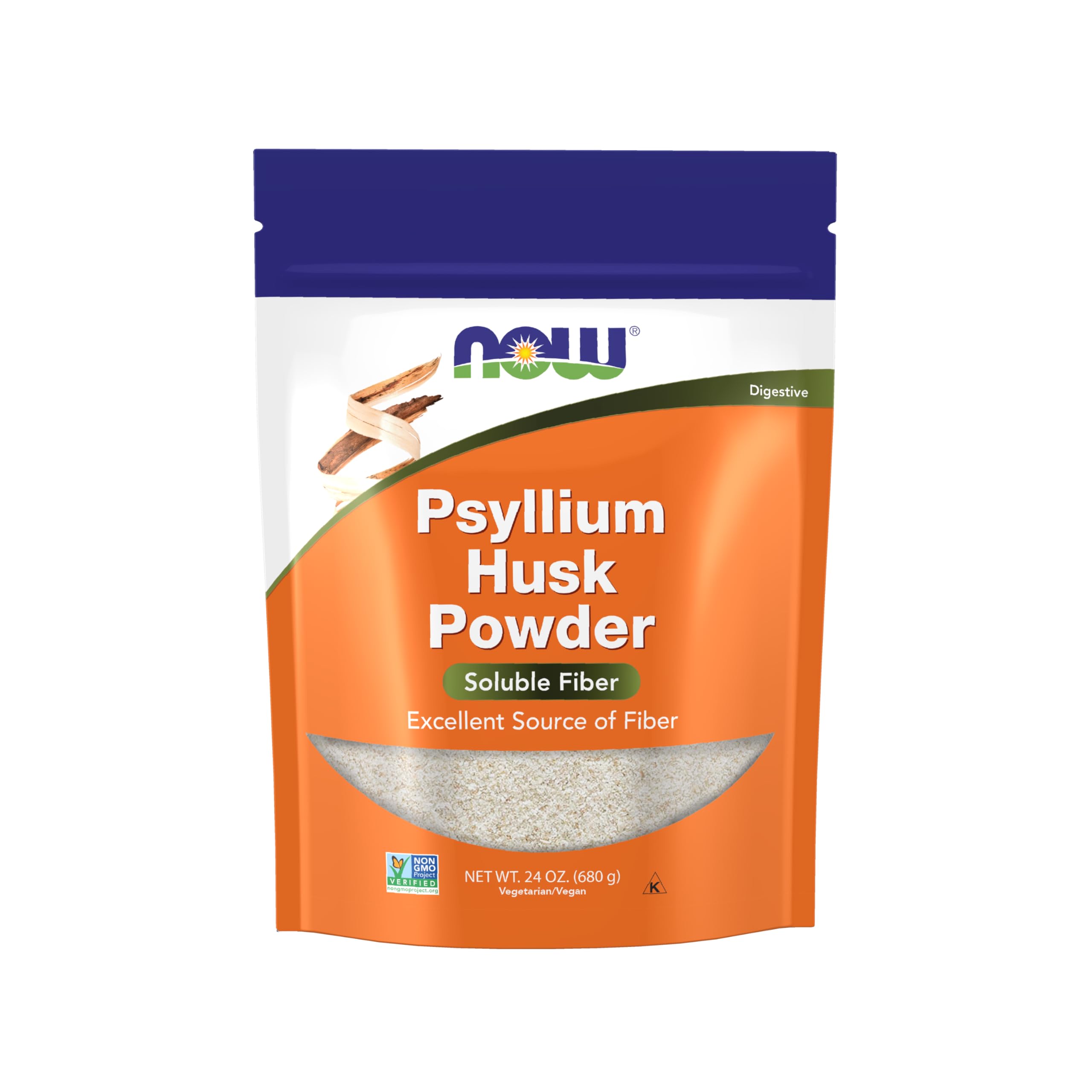 NOW Foods Psyllium husk powder bottle showing soluble fiber for daily use.