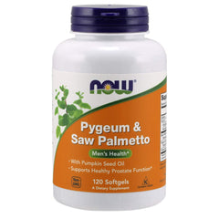 NOW Foods Pygeum & Saw Palmetto packaging showing 120 softgels in a pack of 2