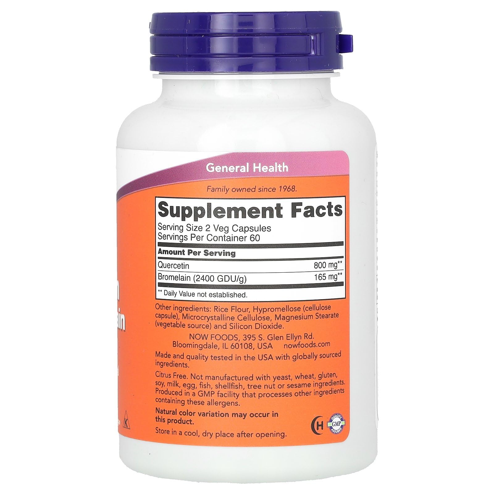 Close-up of NOW Foods Quercetin with Bromelain bottle - 120 Veg Capsules