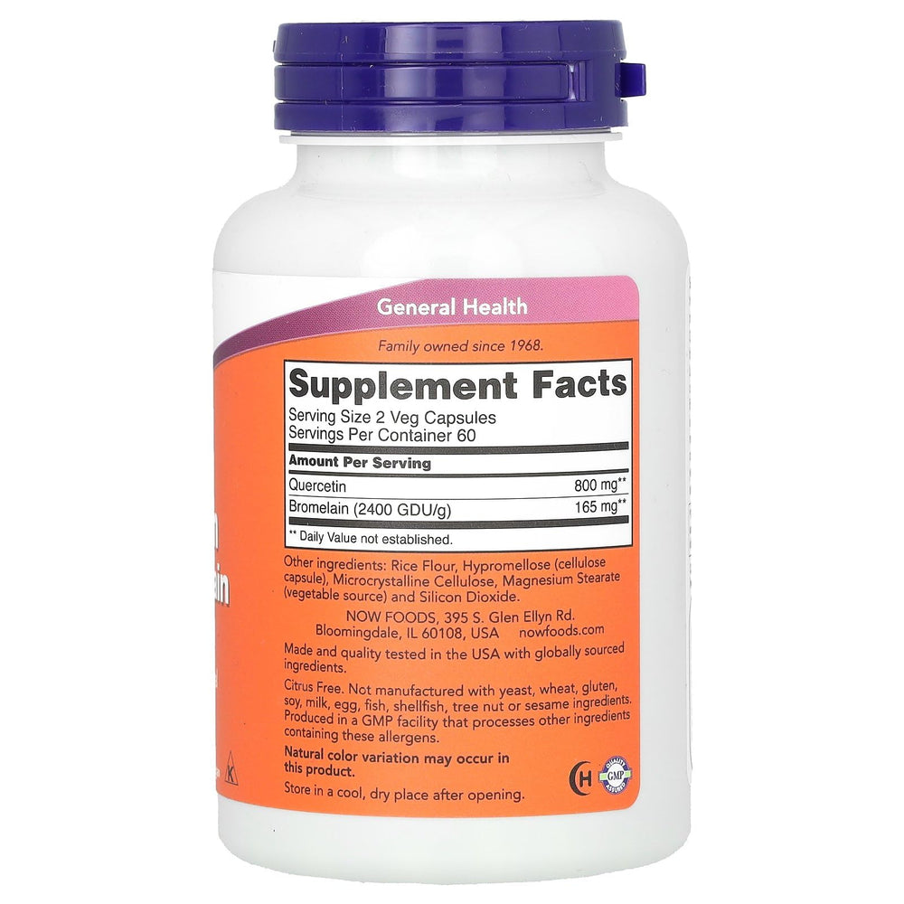 Close-up of NOW Foods Quercetin with Bromelain bottle - 120 Veg Capsules