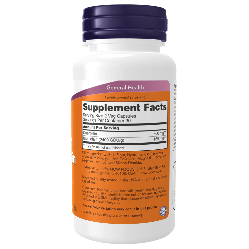 NOW Foods Quercetin with Bromelain capsules close-up highlighting vegan formula