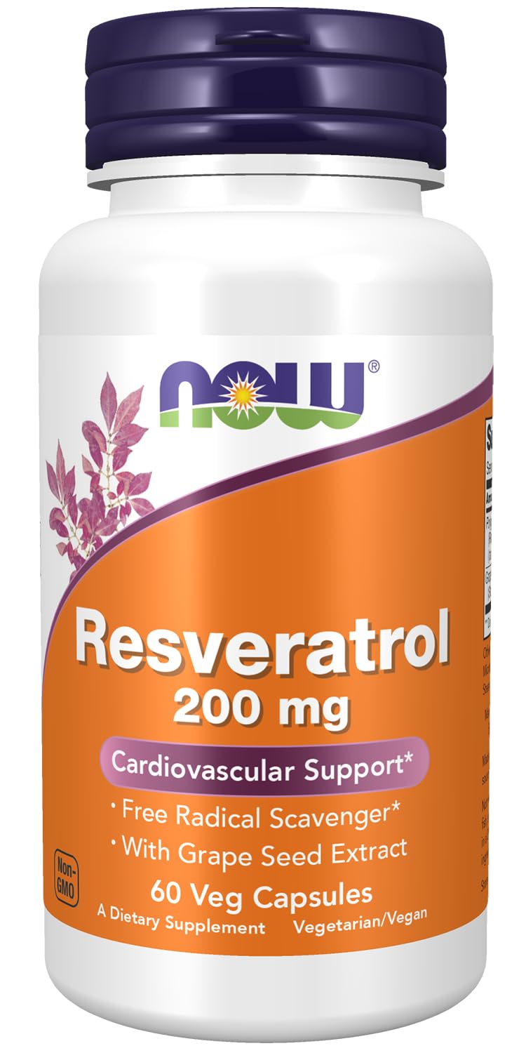 NOW Foods Resveratrol 200 mg with Red Wine Extract bottle and capsules