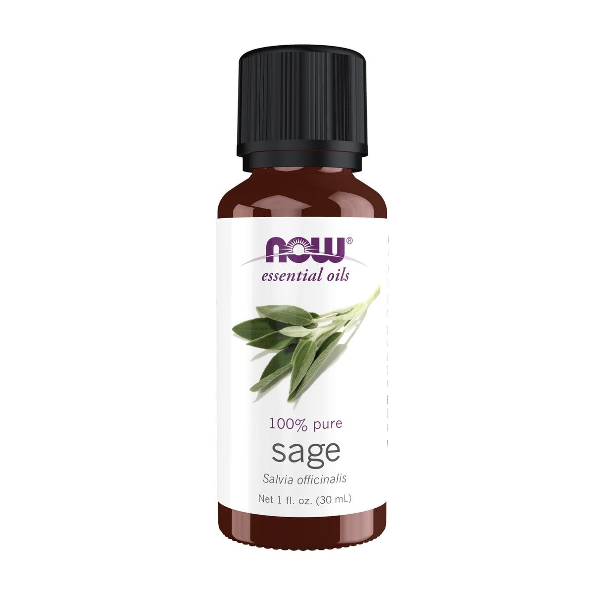 NOW Foods Sage Oil steam-distilled bottle for calming aromatherapy and mood balance.