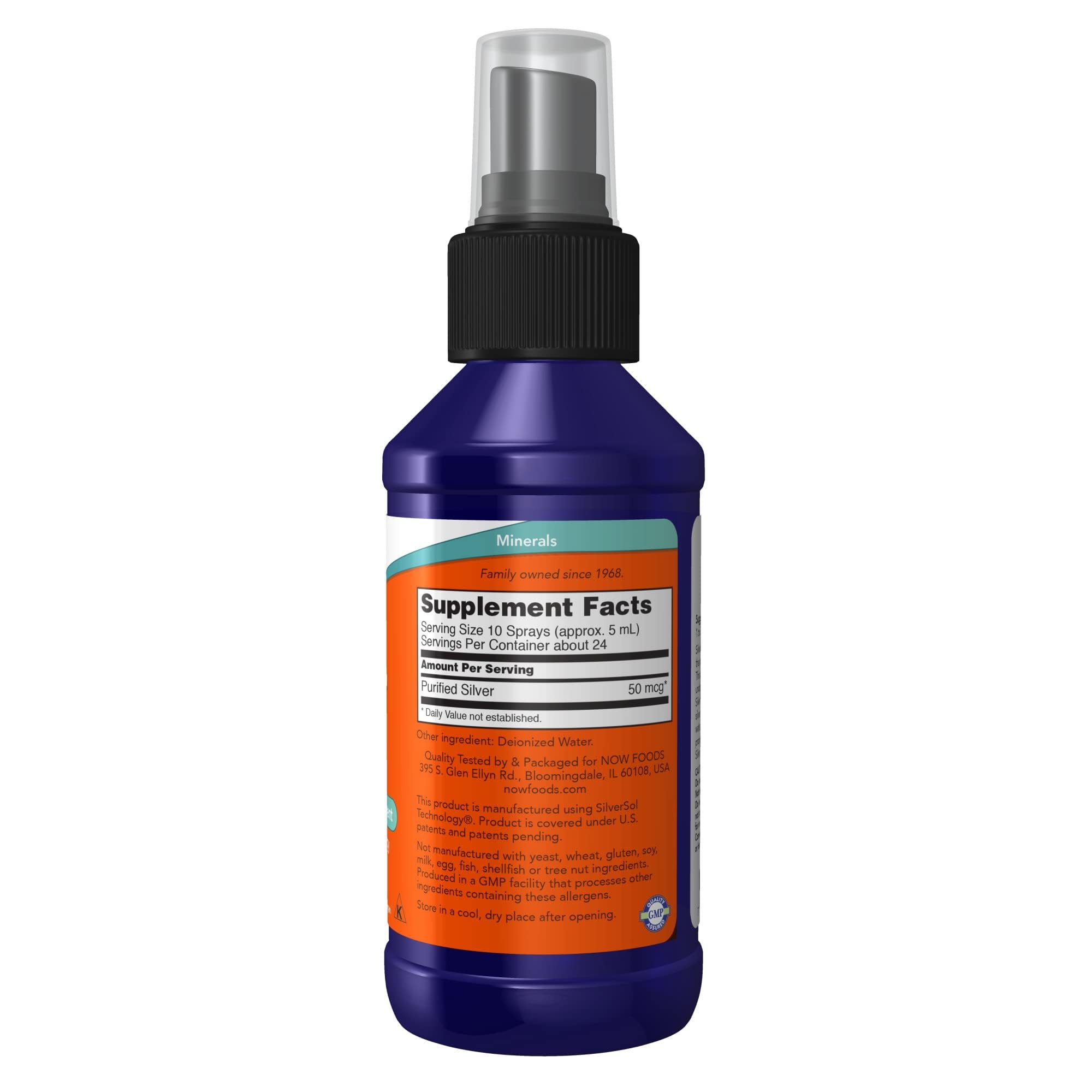 NOW Foods Silver Sol 10 ppm bottle 4 oz - label close-up