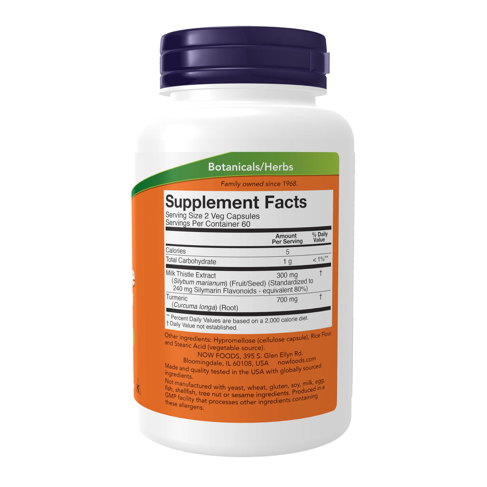 NOW Foods Silymarin Milk Thistle Turmeric bottle label close-up