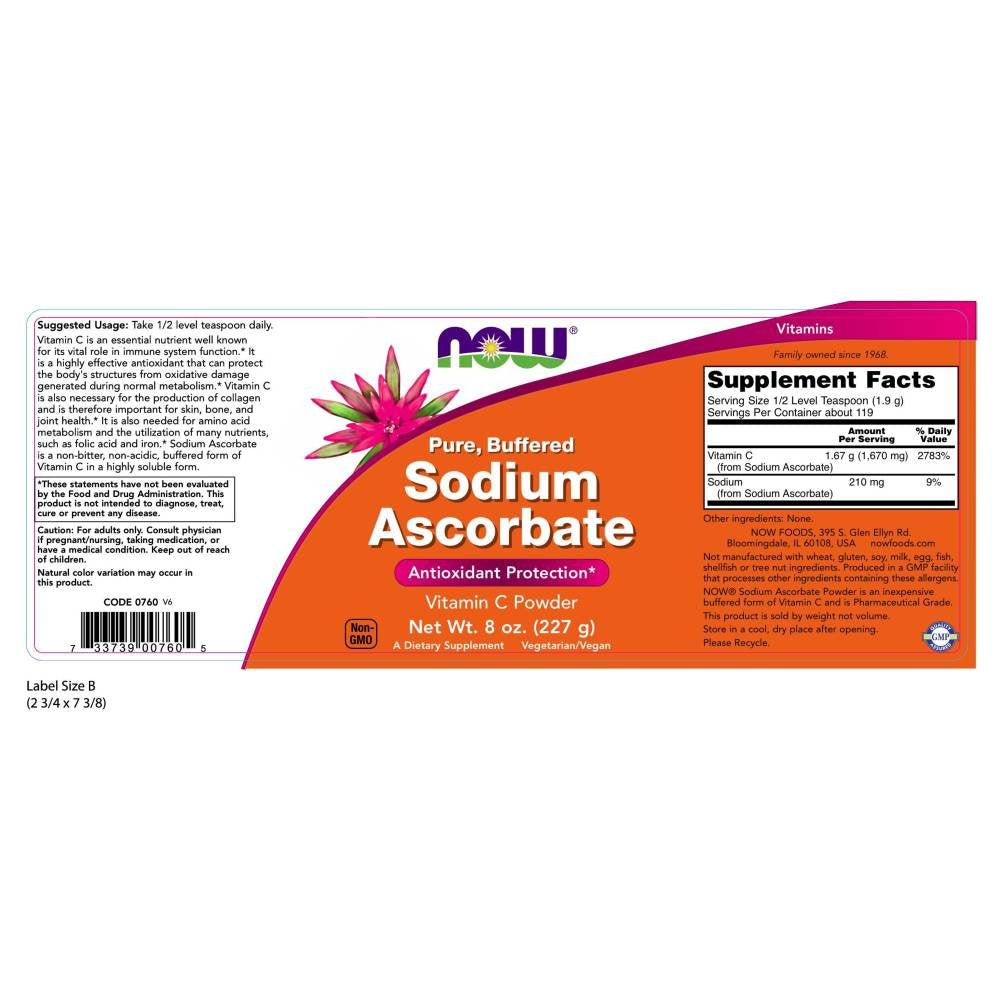 NOW Foods Sodium Ascorbate Powder jar label - 8 oz, pack of 2