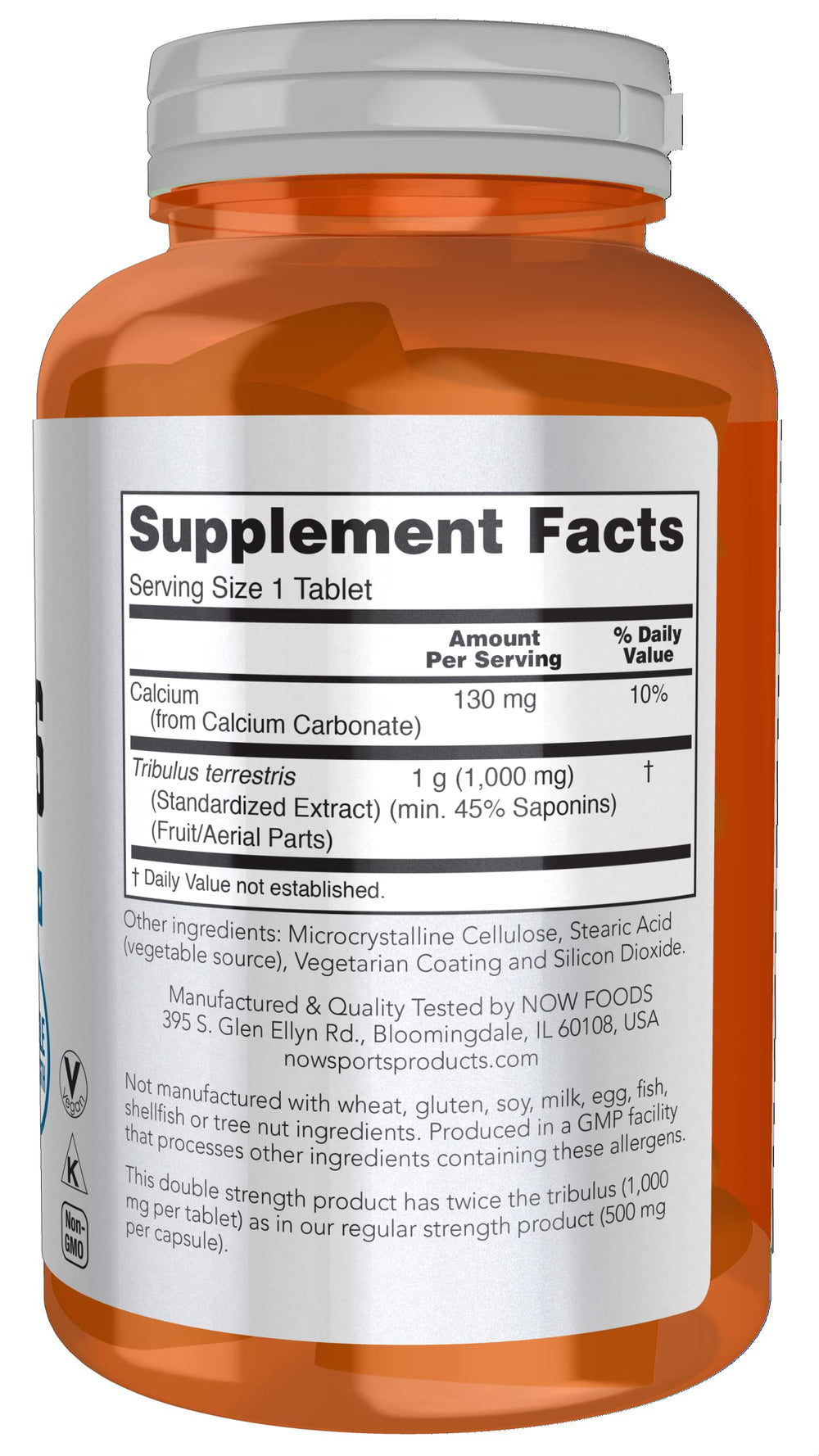 Close-up of NOW Foods Tribulus Terrestris 1000 mg bottle