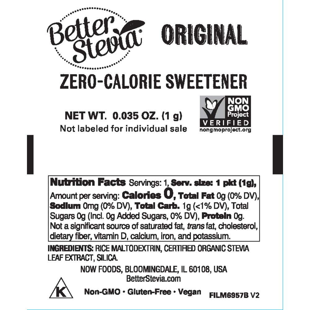 Close-up of Stevia extract packets from NOW Foods TwinPack