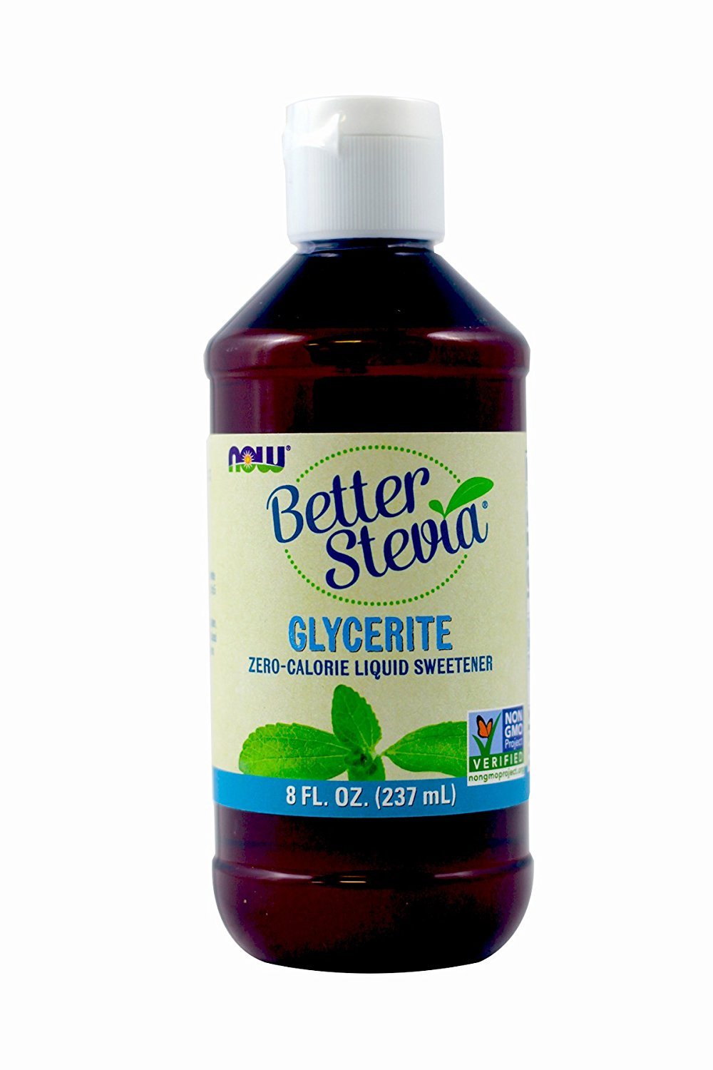 NOW Foods Stevia Glycerite bottle pour showcases a convenient liquid sweetener for coffee and tea.