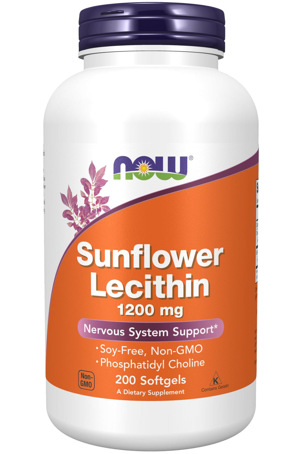 NOW Foods Sunflower Lecithin bottle label - 1200 mg Phosphatidyl Choline, 200 softgels