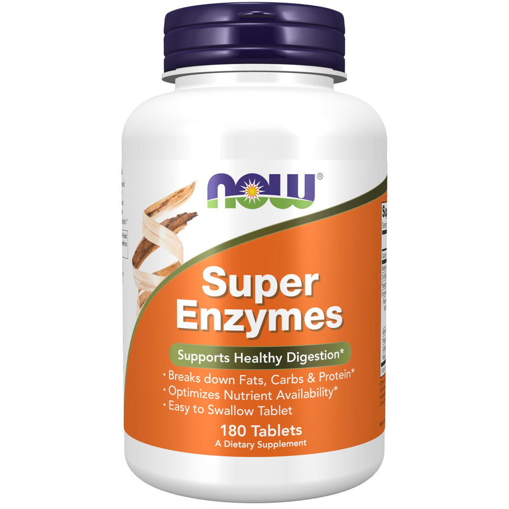 NOW Foods Super Enzymes bottle and 180 tablets - front view