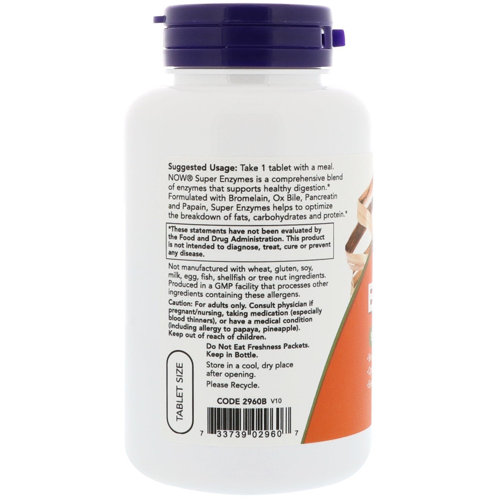 NOW Foods Super Enzymes bottle label with UPC 733739029607