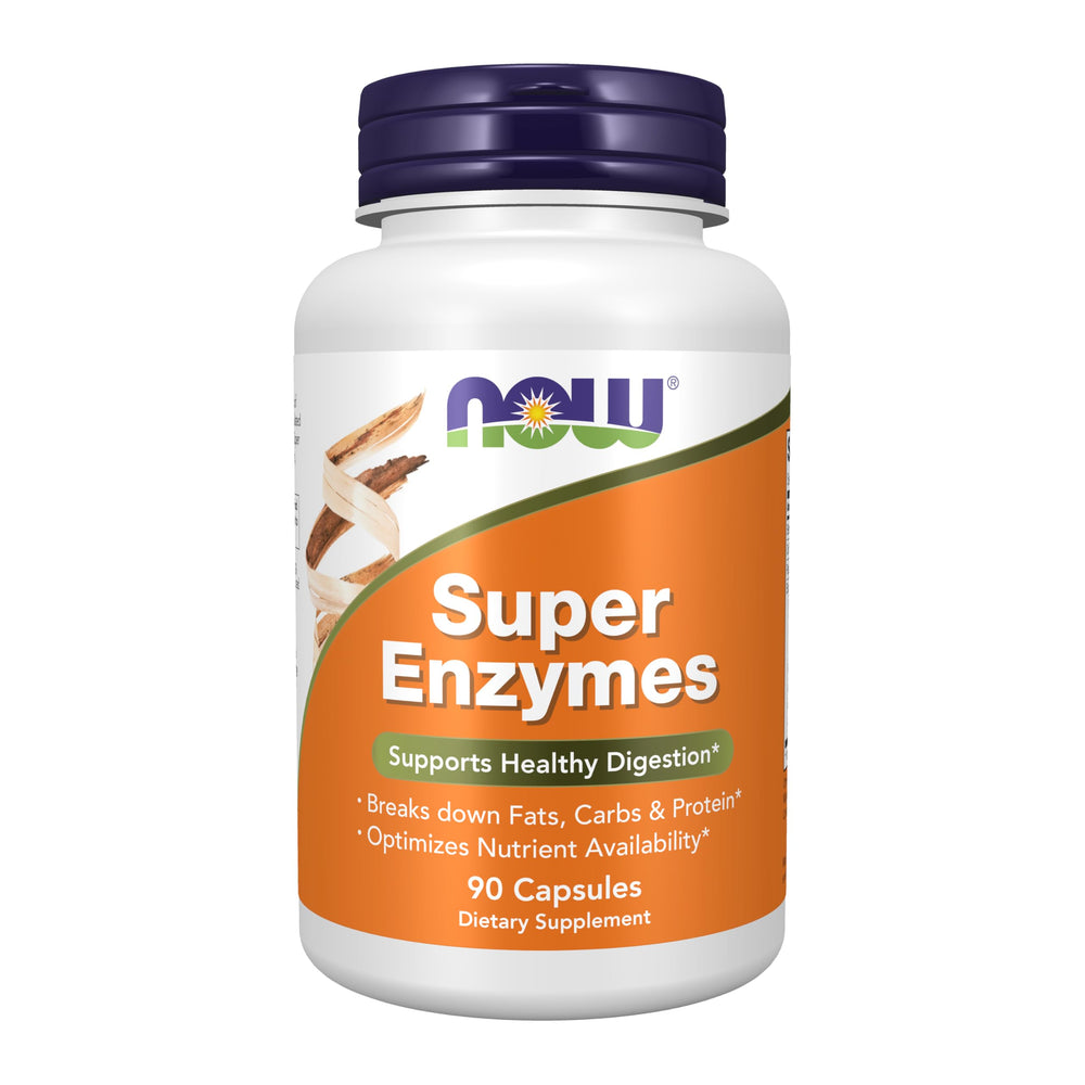 NOW Foods Super Enzymes bottle on kitchen counter aiding digestion