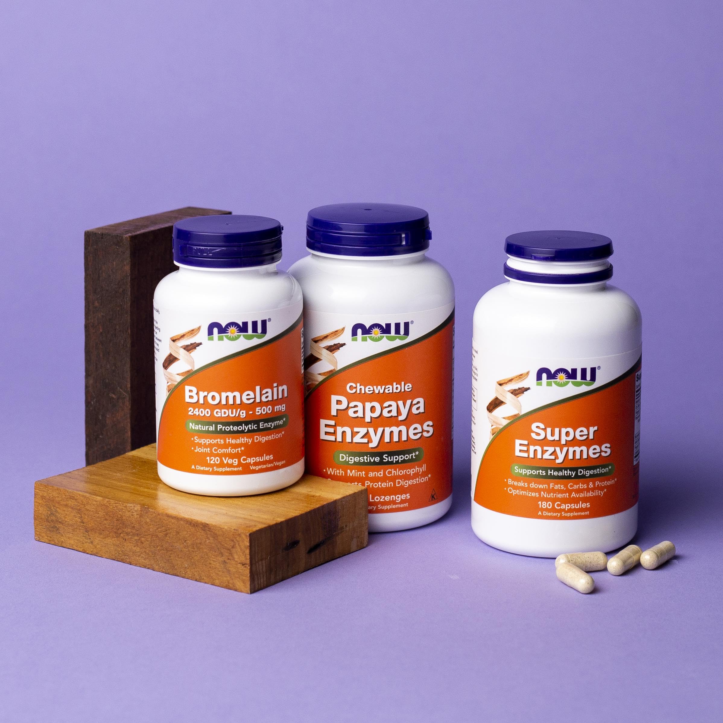 NOW Foods Super Enzymes papain aids digestion of plant-based foods.