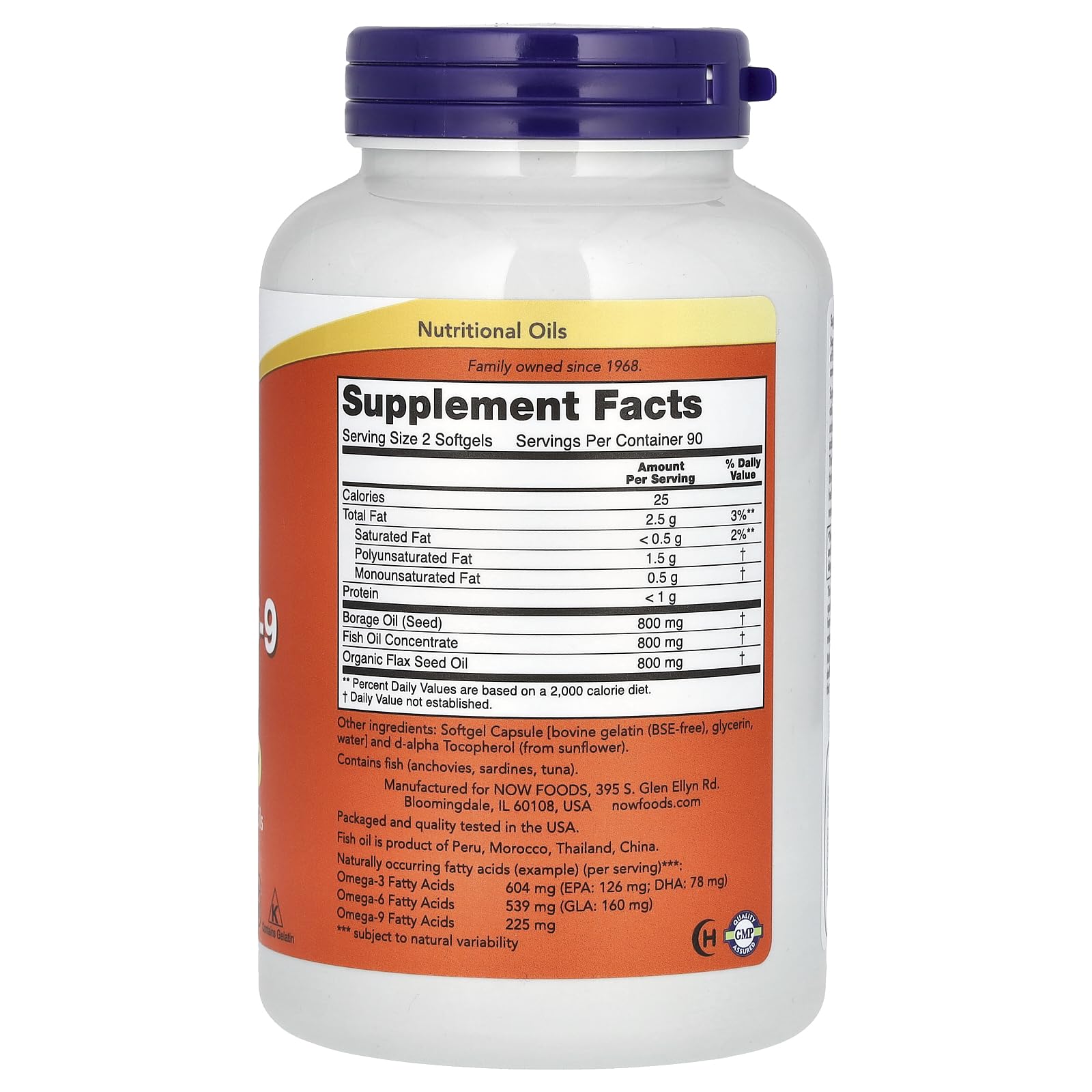 Close-up of Now Foods Omega 3-6-9 softgels