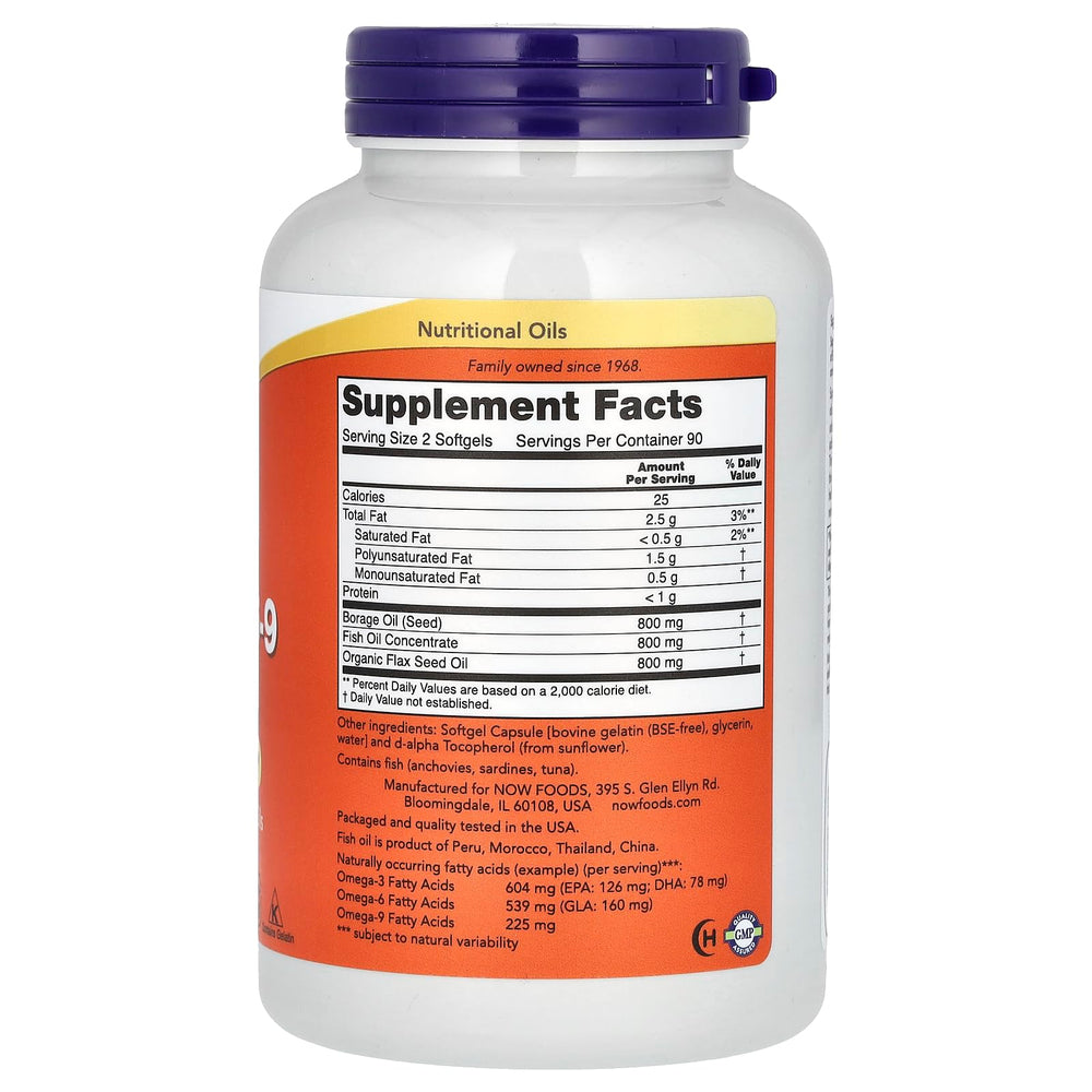 Close-up of Now Foods Omega 3-6-9 softgels