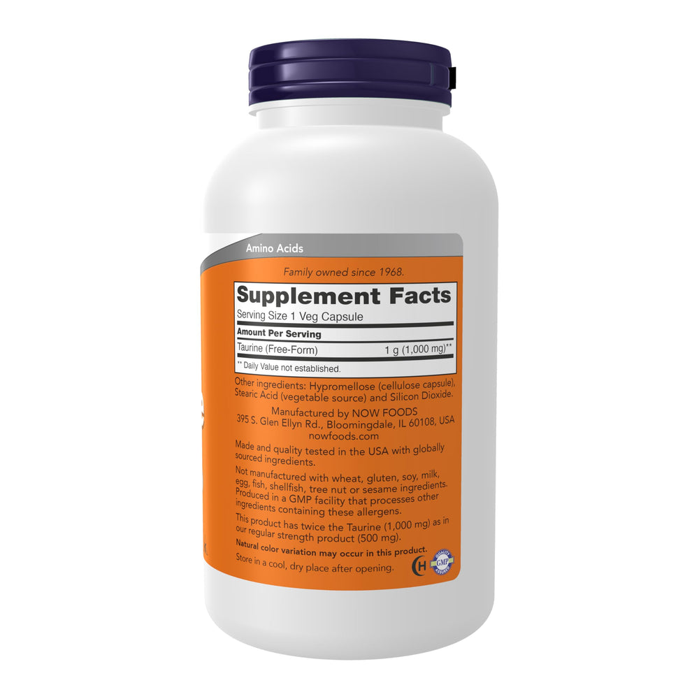 Close-up of taurine capsule label showing 1,000 mg