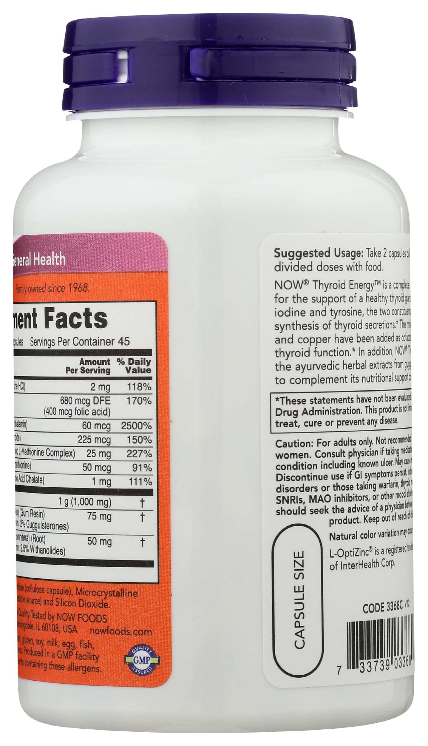 Close-up of NOW Foods Thyroid Energy 90 VCaps capsules