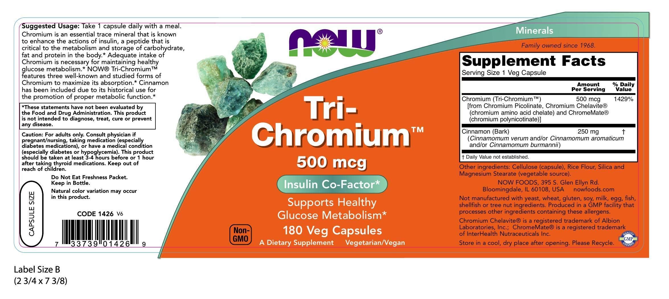 NOW Foods Tri-Chromium 500 mcg bottle with label and packaging