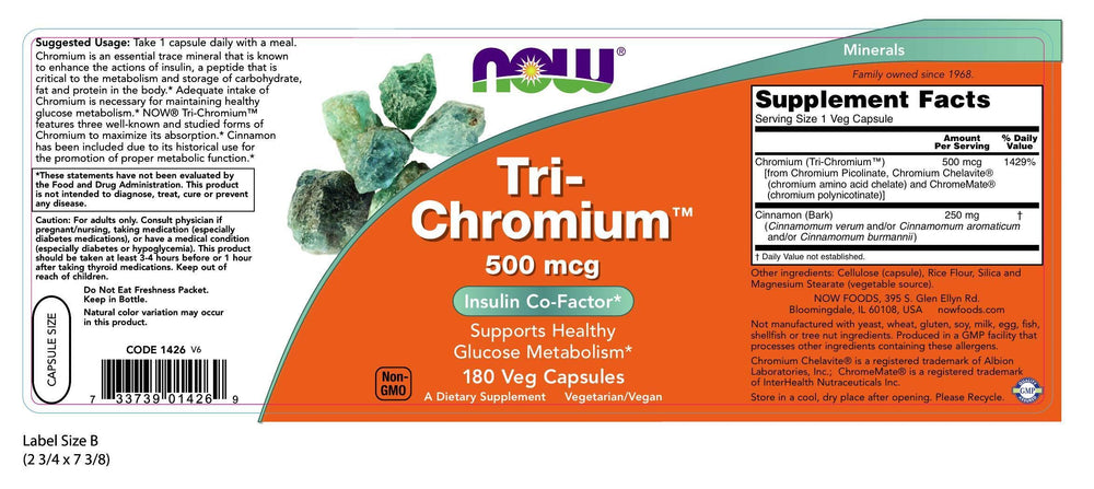 NOW Foods Tri-Chromium 500 mcg bottle with label and packaging