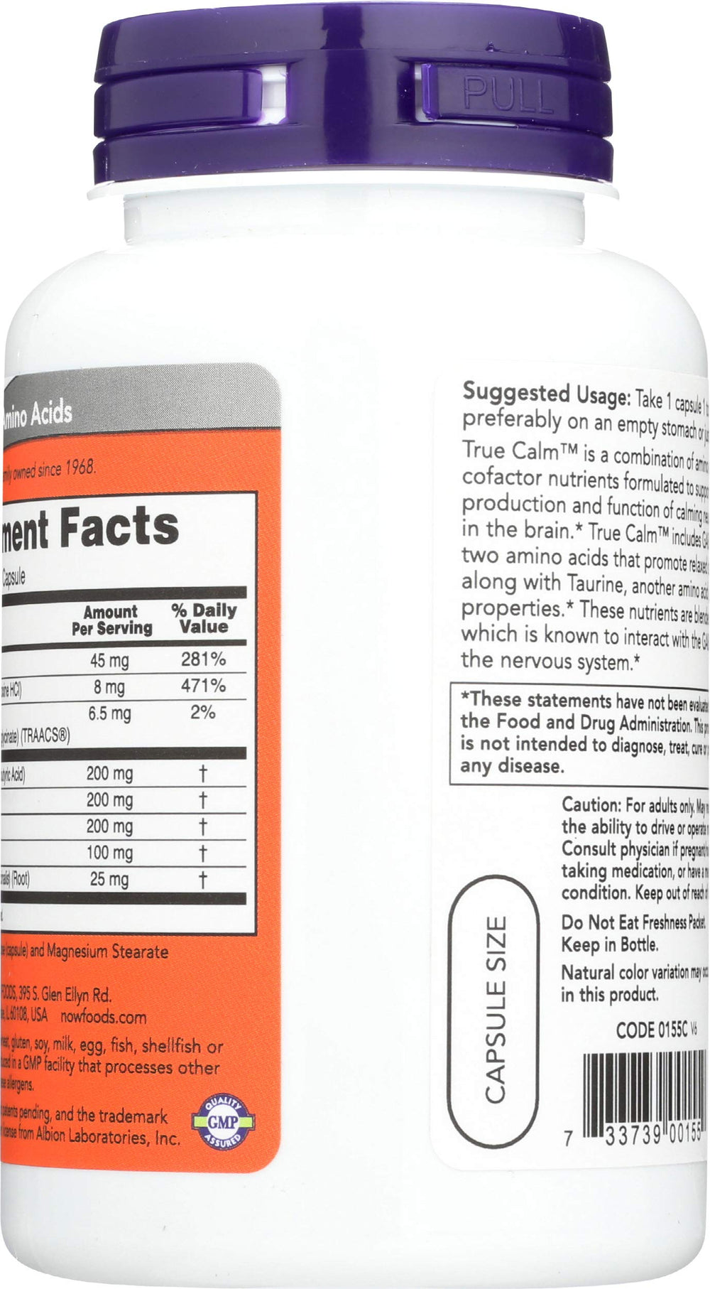 Close-up of True Calm label on bottle