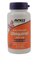 NOW Foods Ubiquinol 200 mg softgels bottle supports cellular energy and antioxidant protection.
