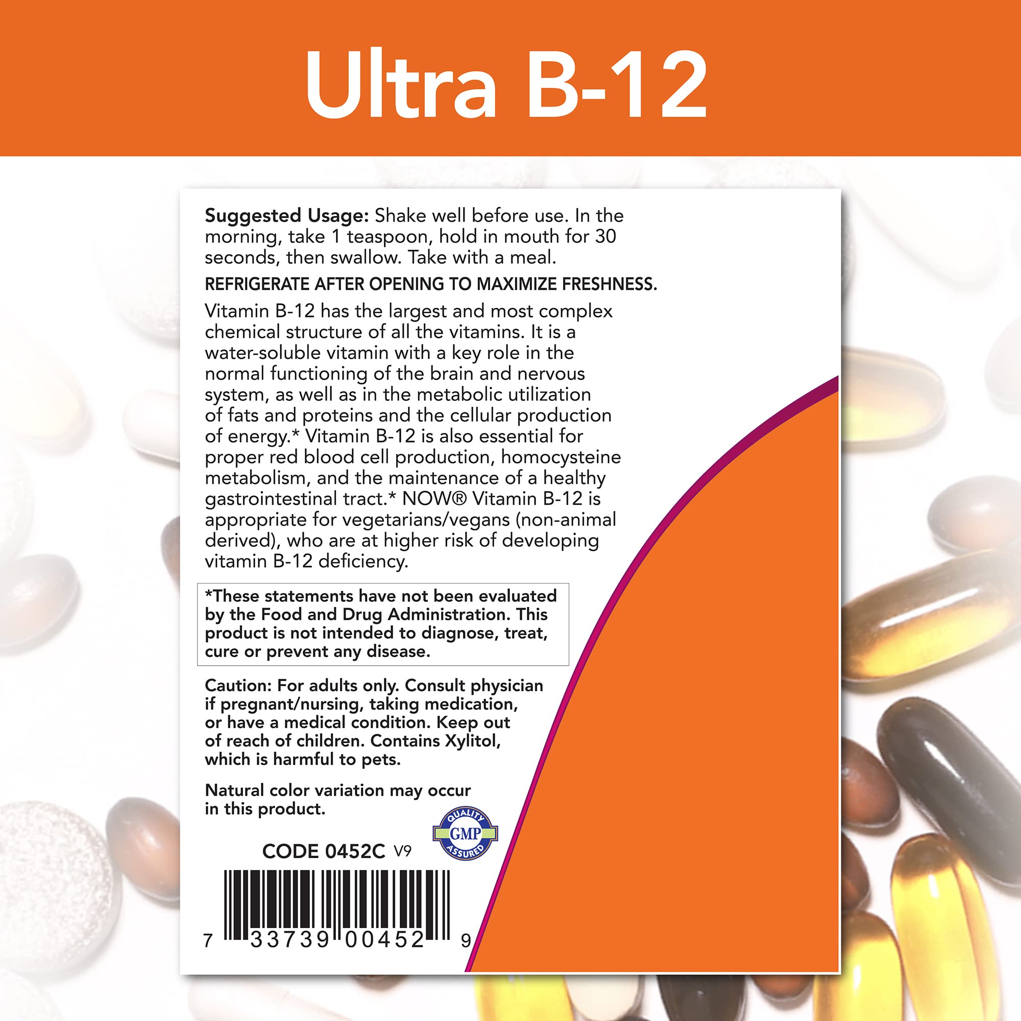 Serving directions for Now Foods Ultra B-12 liquid supplement