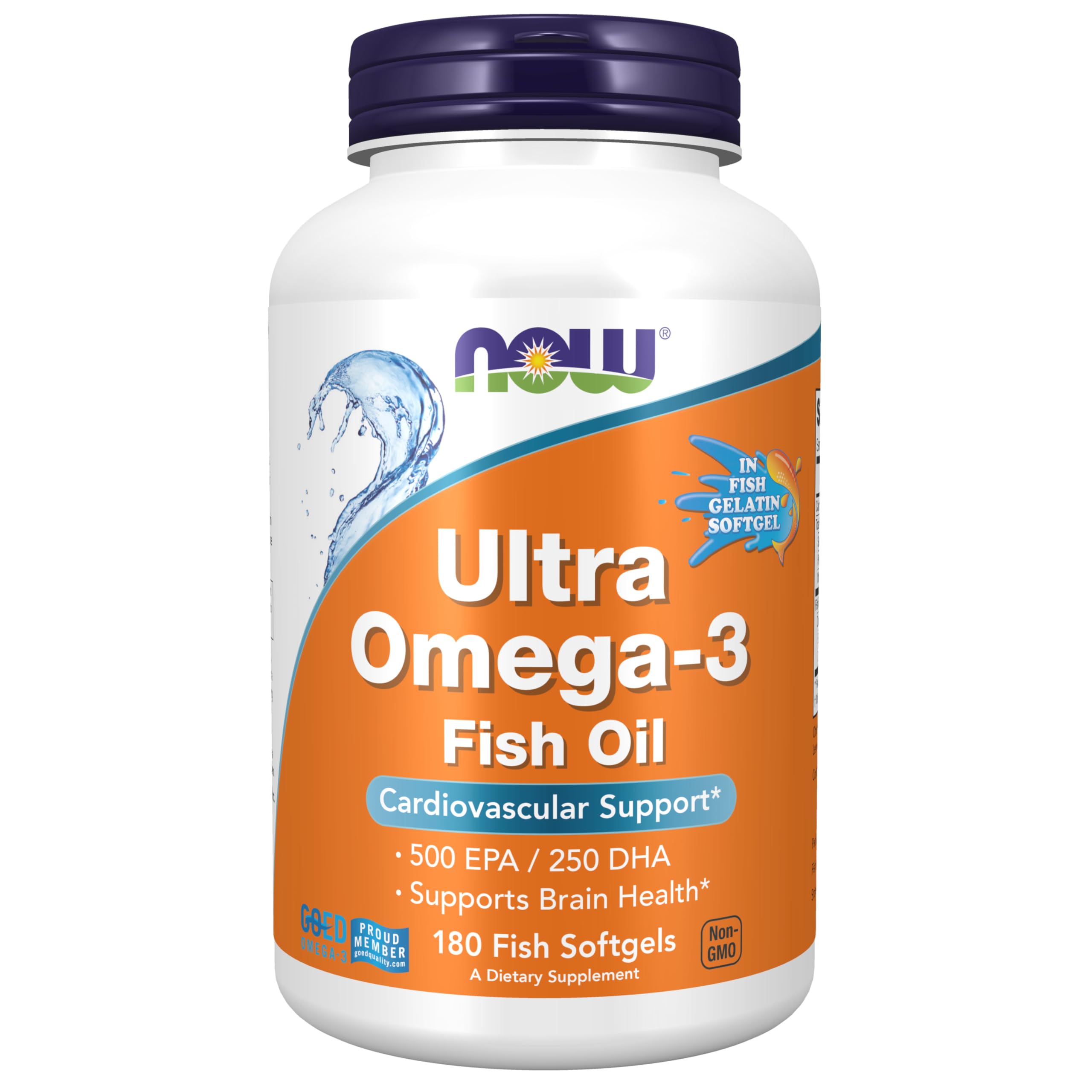NOW Foods Ultra Omega-3 bottle with 1,000 mg fish oil, 500 EPA / 250 DHA, 180 softgels