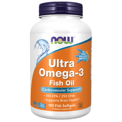NOW Foods Ultra Omega-3 bottle with 1,000 mg fish oil, 500 EPA / 250 DHA, 180 softgels