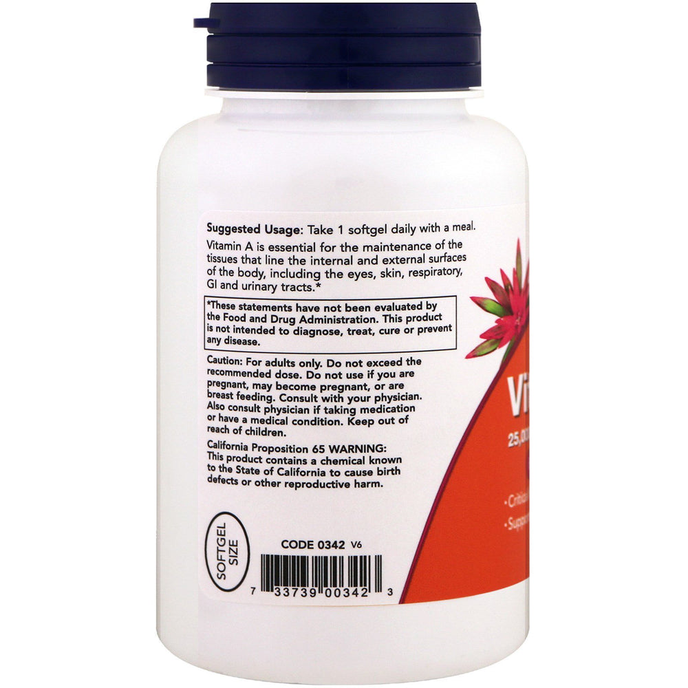 Back of Now Foods Vitamin A bottle showing supplement facts (pack of 2)